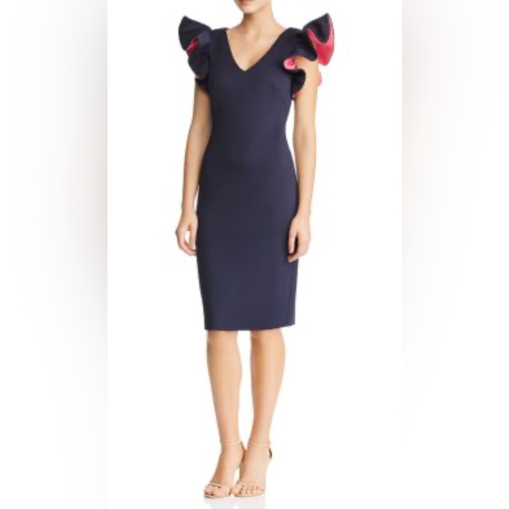 Eliza J Navy Dress with Pink Ruffle Sleeves